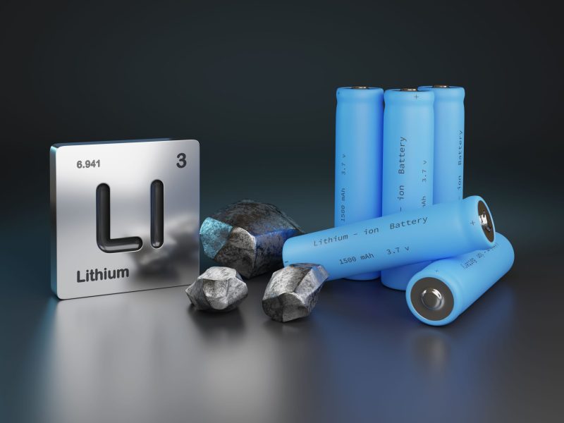 Lithium - ion batteries , metallic lithium and element symbol. 3d illustration.