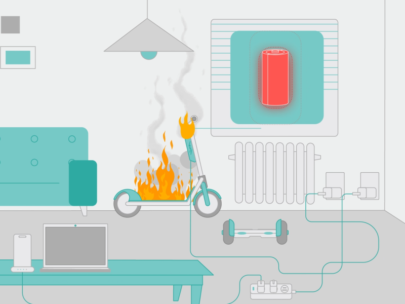 E-bike on fire illustration by xplorlabs Extraction to E-waste